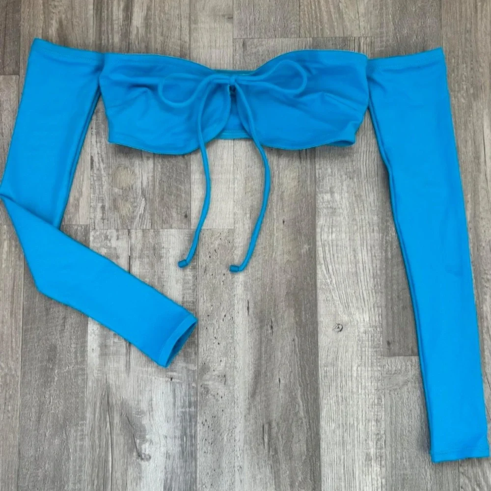 🆕 SKIMS SWIM Long Sleeve Bikini Top Recycled Turquoise XL Blue Off Shoulder NWT